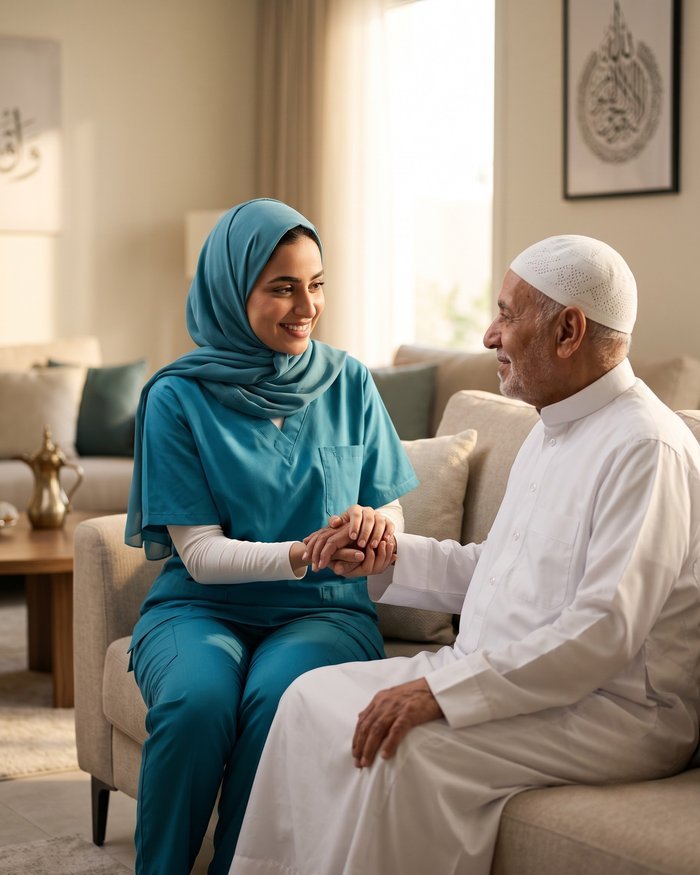 لحظة رعاية دافئة بين مقدّم رعاية ومريض مسنّ