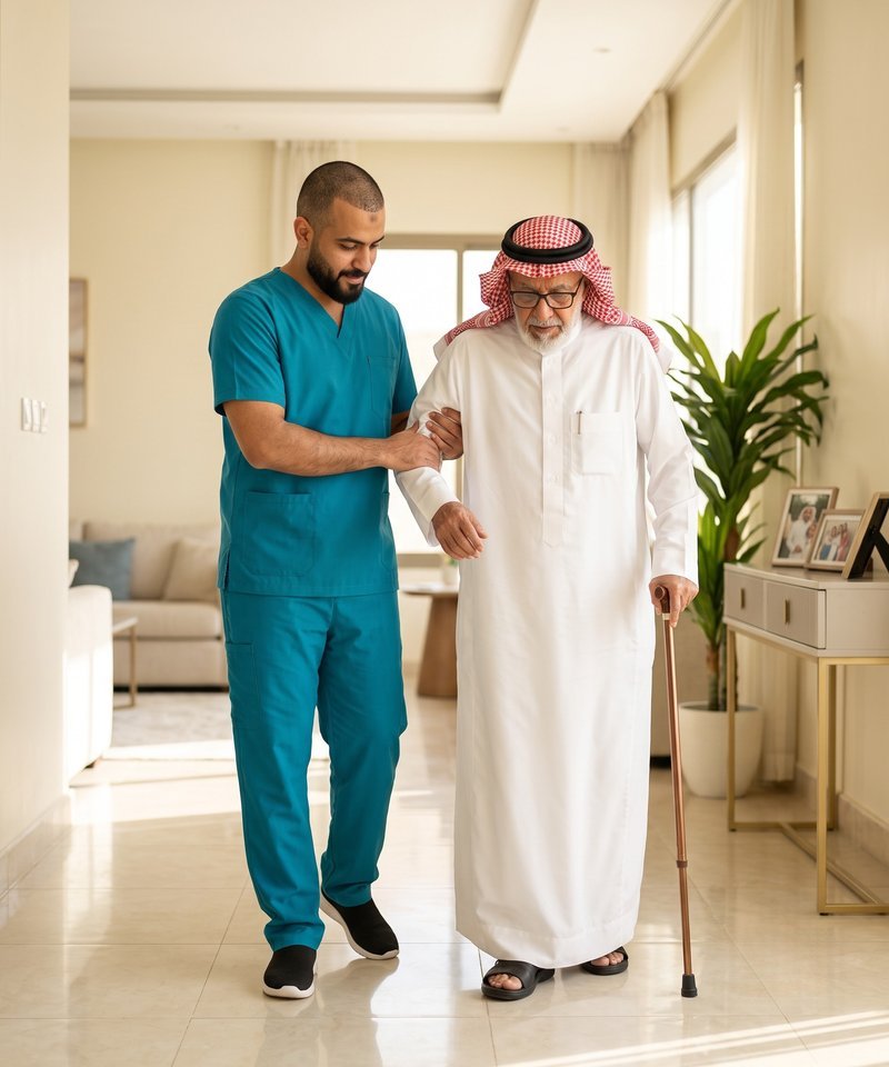 مقدّمة رعاية تساعد سيدة مسنّة على المشي داخل المنزل